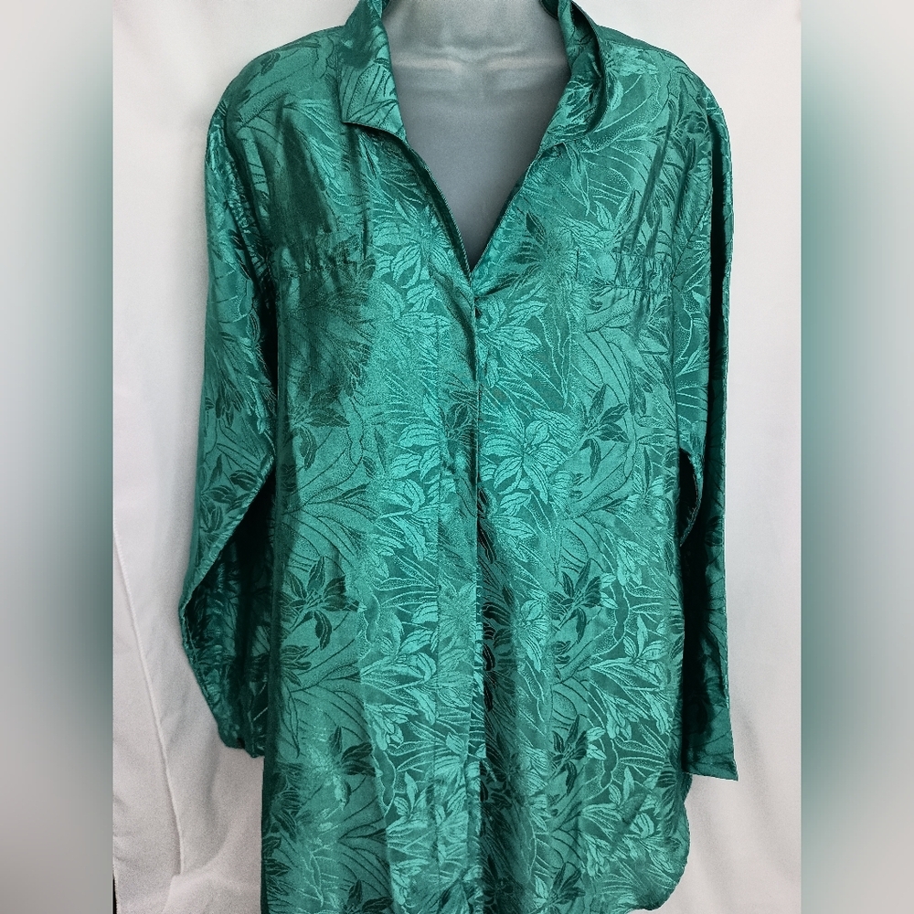 Vintage Satin Grandmacore L Elegant Green Floral Women's Pajamas Top (#399)